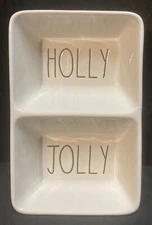 Rae Dunn by Magenta Glossy White HOLLY JOLLY Candy Dish Divided Tray