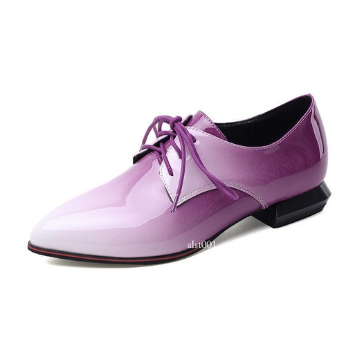 Women's Ladies Oxford Shoes Lace Up Brogue Flats Block Heel Pointed Toe Pumps - Picture 13 of 19