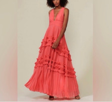 Halston Tiered Maxi Dress 14 Watermelon Pink Pleated Party Wedding Cruise $645