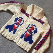 Vintage 50er Jahre handgestrickt Welpe Hund Rei&szlig;verschluss Pullover Cowichan Strickjacke Kleinkind Kinder 30" Brustumfang