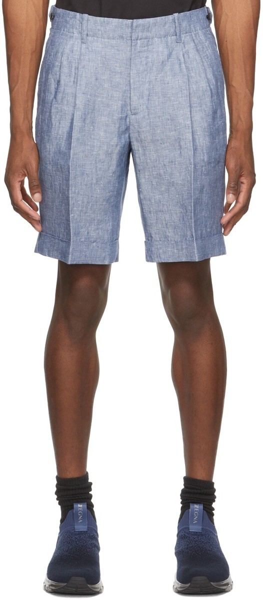 Z Zegna Blue Linen Yarn-Dyed Bermuda Shorts Pleats Pants