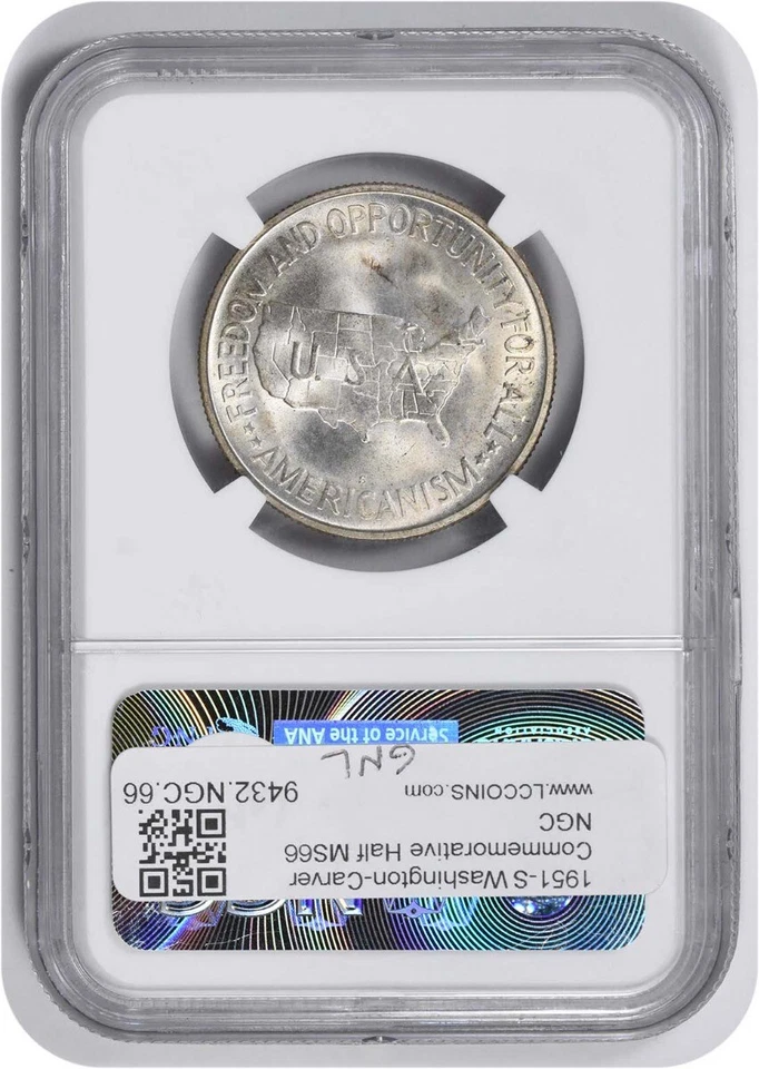 W. Carver Commemorative Silver Half Dollar 1951-S MS66 NGC - Image 2 of 2