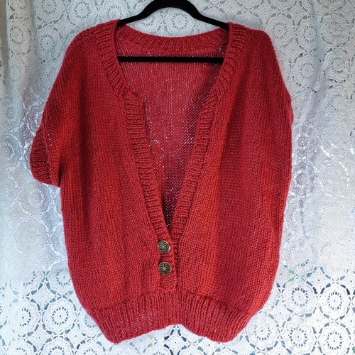 Hand Knit Vest Short Sleeve Sweater Jumper Top Plunge Sz L Terracotta Vintage - Picture 11 of 14