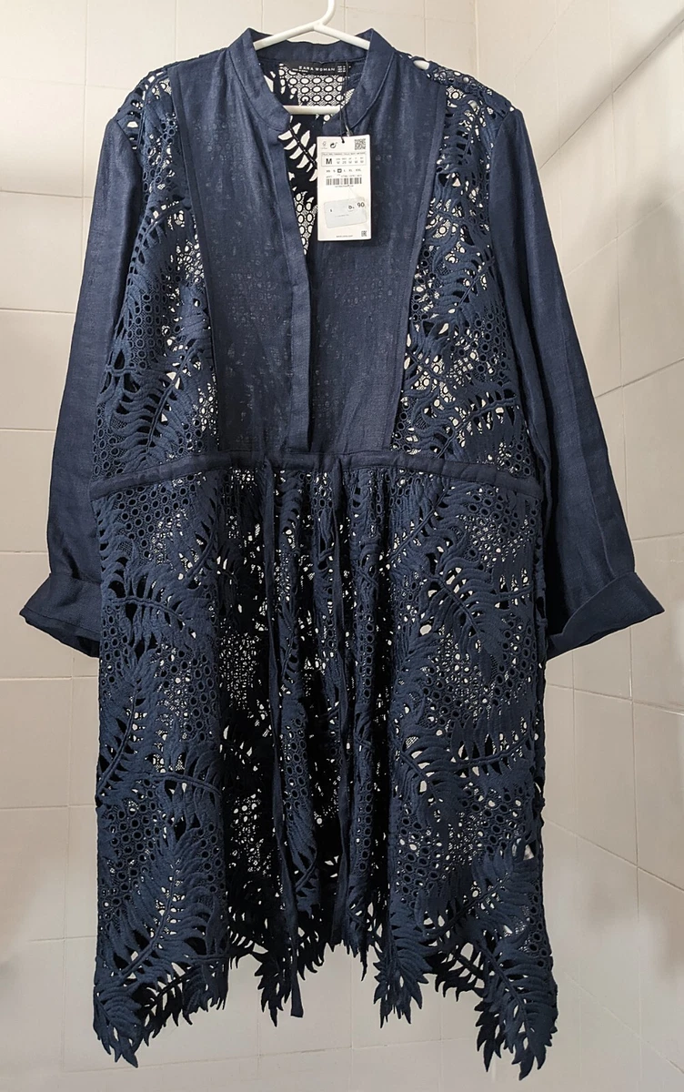 Zara Navy Linen Crochet Leaf Fern Eyelet Guipure Lace Tie Tunic Dress Medium