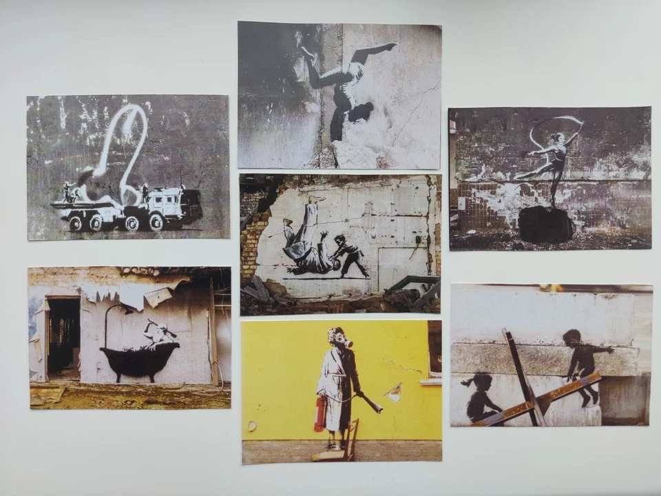 Conjunto de sello en marco PTN PNH putin FCK + 7 cartas graffiti Banksy izquierda en Ucrania Foto 3 de 4