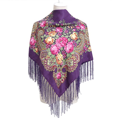 Floral Printed Womens Tassel Shawl Russian Scarf Long Tassel Square Scarf 110cm- - Picture 4 of 30