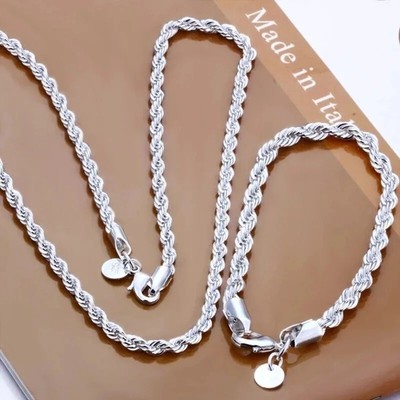 Neu 4mm Massiv Sterling Silber Seil Gliederkette Halskette 925 Silber Kette & Armband