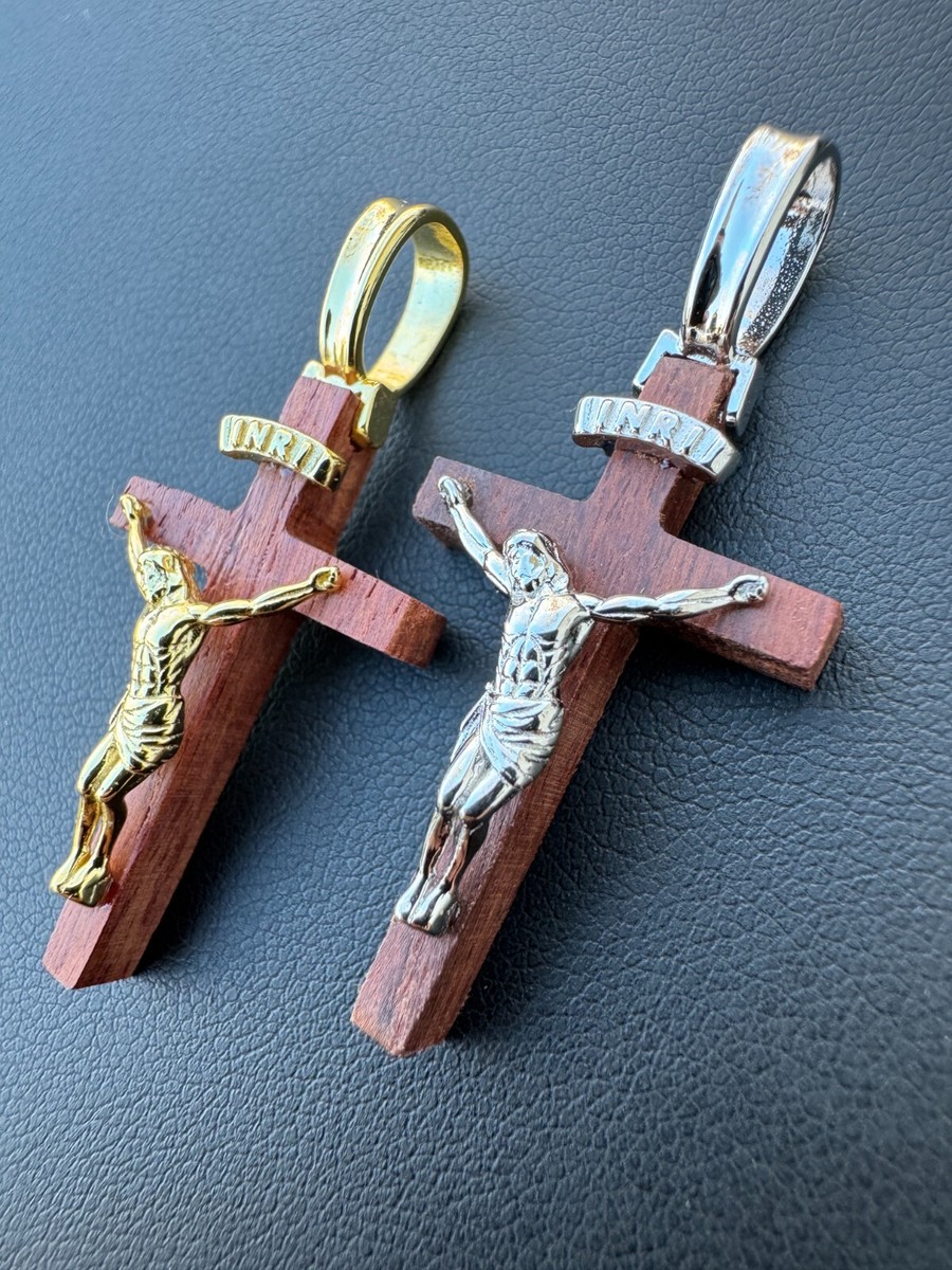 Mens Real 925 Silver Red Cherry Walnut Wood Jesus Cross Pendant