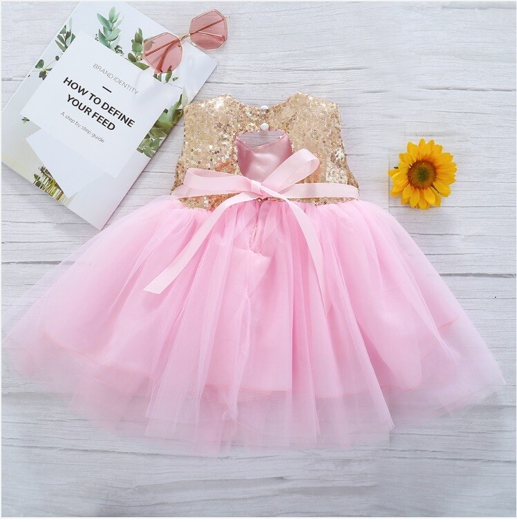 Size 5-6 Years Girls Dress New Sparkly Gold Sequin Pink Tulle Girls Dress |  eBay