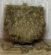 La Regale Beaded Evening Bag Shell Clam Clutch Purse Satin Lined 1960s Vintage