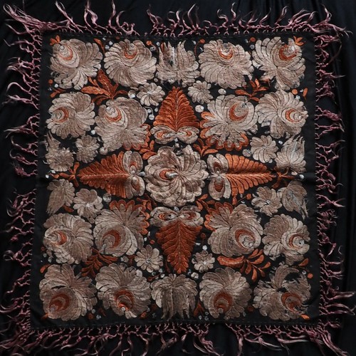 Antique Large Matyo Silk Embroidered Handmade Black Tapestry Scarf Tablecloth - Picture 2 of 12