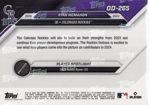 2024 Topps Road to Opening Day Rockies OD-265 Ryan McMahon - Free Shipping! - Picture 2 of 2