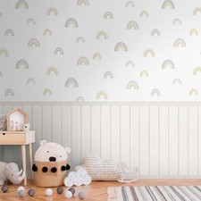 Maternelle Lambris Papier Peint 2In1 Bois à Battements Arcs-en-Ciel Vinyle