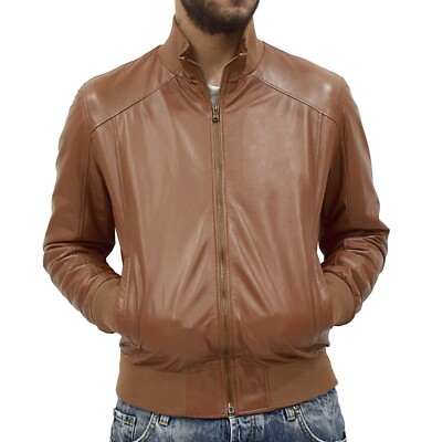 Giubbotto Bomber da Uomo Vera Pelle Giacca Marrone Cuoio Cammello