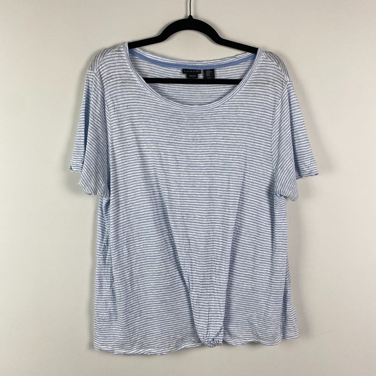 Tahari Linen T Shirt Womens XL Front Detail Blue White