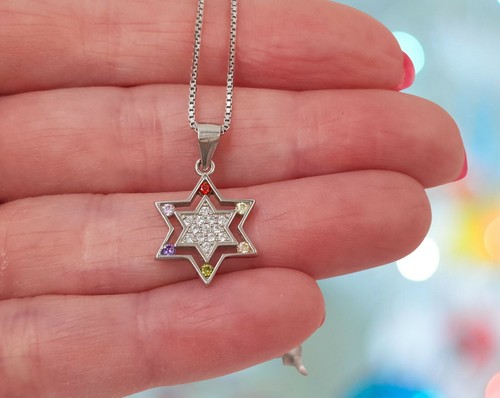 Collana Ciondolo Stella di David Multicolore Argento Sterling 925 Gioielli Giudaica - Foto 6 di 12