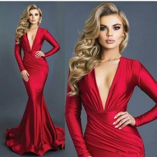 Mermaid Evening Dresses Deep Vneck Long Sleeves Spandex Evening Gowns Prom Dress