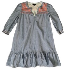 J.Crew Leda Embroidered Blue White Stripe Popover A-Line Dress Size XS