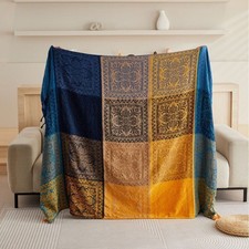 Check Herringbone Multicoloured Cotton Tasselled Throw Blanket for 2 3 4Sofa