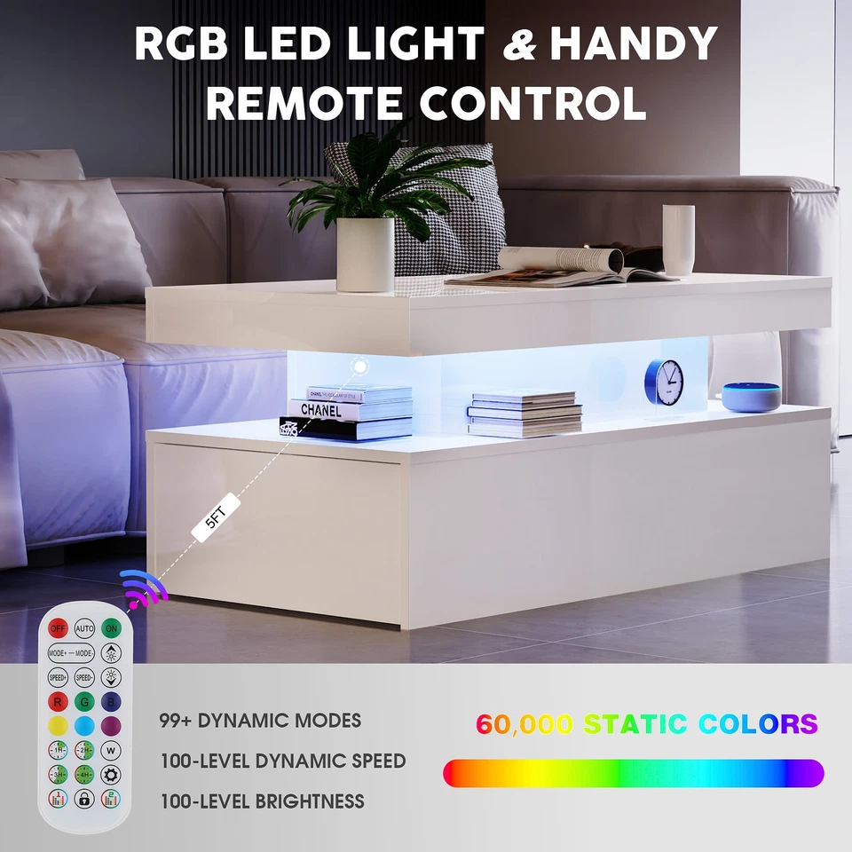 Couchtisch mit LED Leuchte Kaffeetisch Wohnzimmer Sofatisch mit Stauraum Weiß Jk - Bild 4 von 4