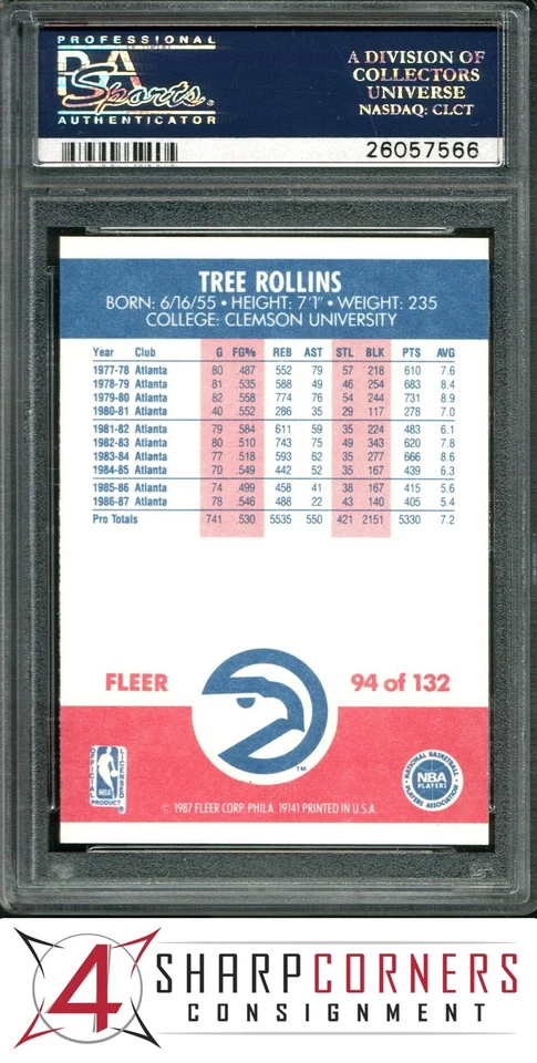 1987 FLEER #94 TREE ROLLINS HAWKS SET BREAK PSA 9 - Image 2 of 4