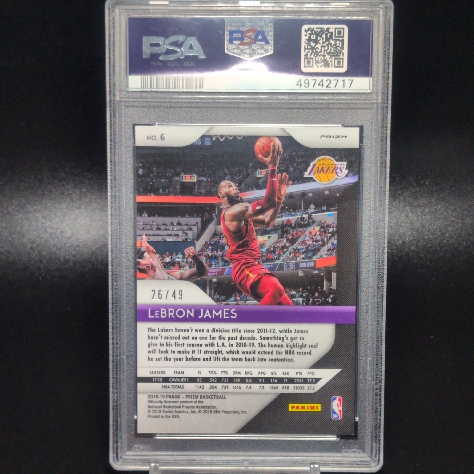 2018 Panini Prizm Orange Prizm /49 LEBRON JAMES #6 PSA 9 MINT view 2