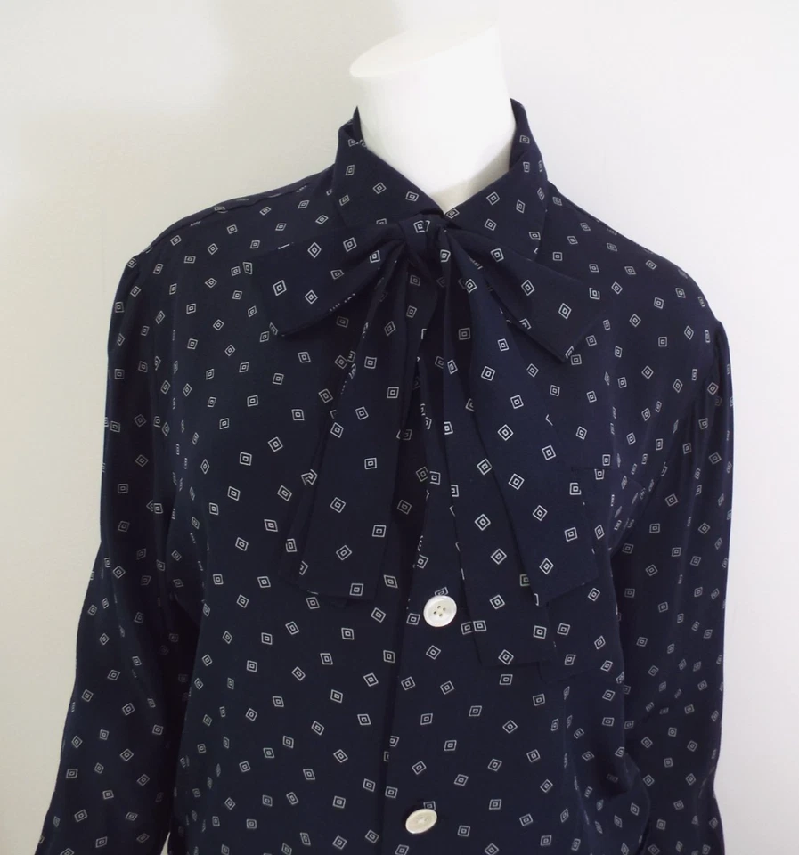 Blusa Ralph Lauren Vintage Años 80 Azul Marino Seda Talla 10 Doble Lazo Mangas Largas Foto 3 de 4