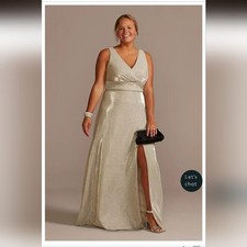 Oleg Cassini Metallic Shimmer A-line Sleeveless Tank Gown Slit Skirt SZ:16W