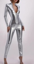 Erotic Pu PVC Silver ZipUp Metallic Catsuit Full Jumpsuit Bodystocking Sz 18/20