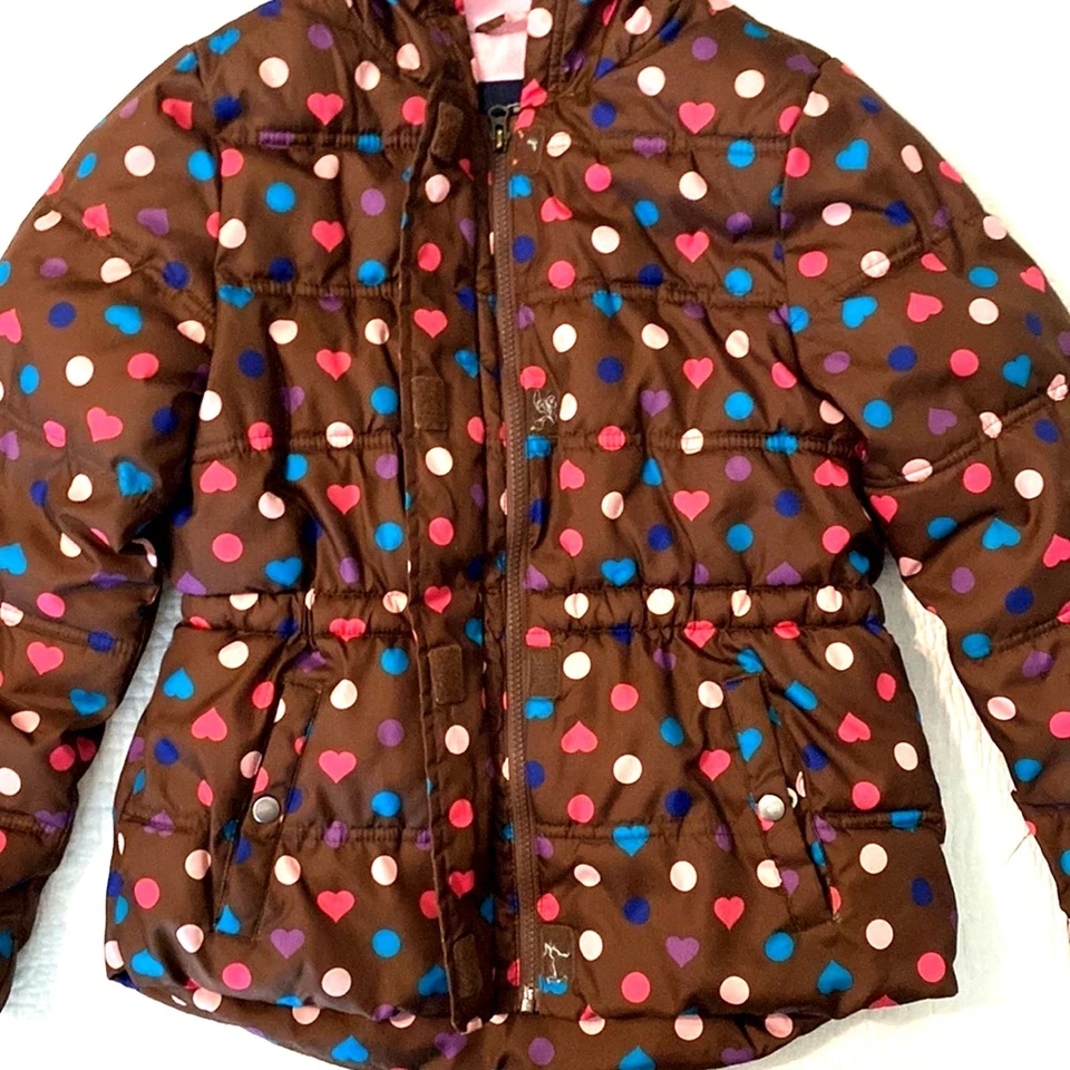 FADED GLORY Girls Sz L 10-12 Brown Puffer Coat Jacket Pink Polka Dots & Hearts - Image 3 of 4