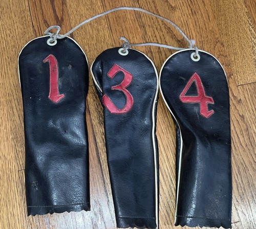 Antik/Vintage schwarz mit roten Ledernähten Golfschläger Headcover 3er Set (1-3-4) - Bild 6 von 6