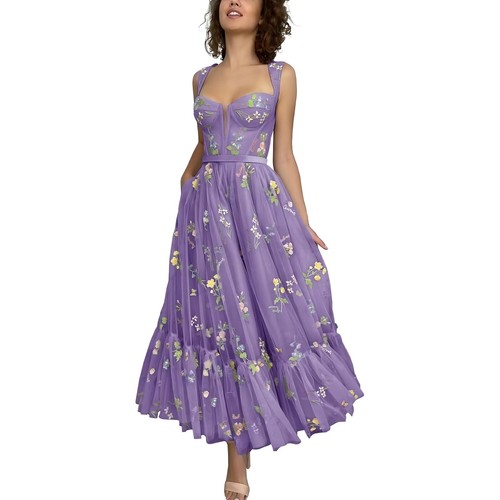 Womens Princess Fairycore Lace Up Embroidered Floral Tulle Corset Maxi Dress 12