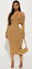 Fashion Nova Off Shoulder Braided Knit Midi Dress Size L Camel Tan NWT Bodycon