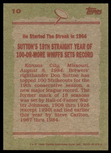 1985 Topps Baseball #10 Don Sutton - Picture 2 of 2