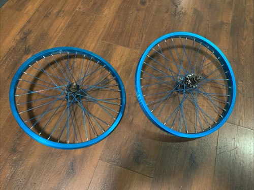 20 Inch Blue Anodized Rims Blue Spokes BMX 20” Wheels Pair Front Rear Nice!