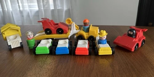 Vintage Fisher Price Little People Cars Race Car Tow truck and Figures