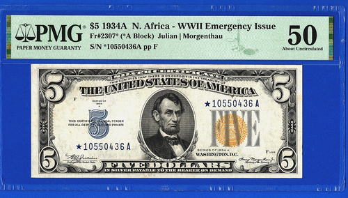 1934 A 5 $ S/C NORDAFRIKA 🌟 WWII STAR NOTE 🌟 Fr-2307* PMG 50