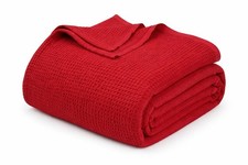 Beige Cotton Waffle Weave Bed Blanket Queen Size Lightweight 90x90 Inch