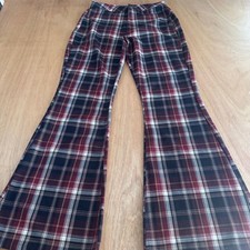 Almost Famous Women s Plaid Flare Pants Size 7 Burgundy Navy Winter Y2K