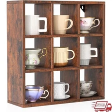 Vintage 9 Grid Coffee Mug Display Rack Wall Mounted Wooden Shelf Organizer New