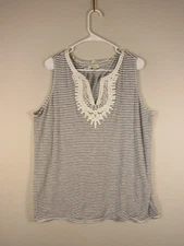Max Studio Women's Striped Top Crochet Trim Sleeveless Size 2X Blue/White