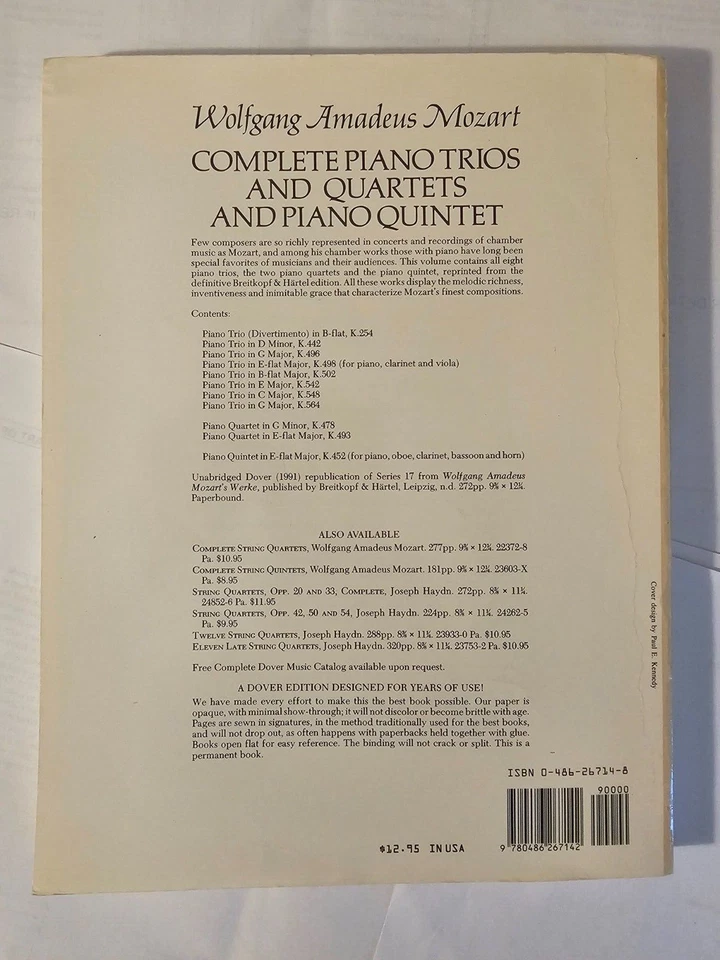 WOLFGANG AMADEUS MOZART - COMPLETE PIANO TRIOS QUARTETS - DOVER - GC - FREEPOST - Image 3 of 4