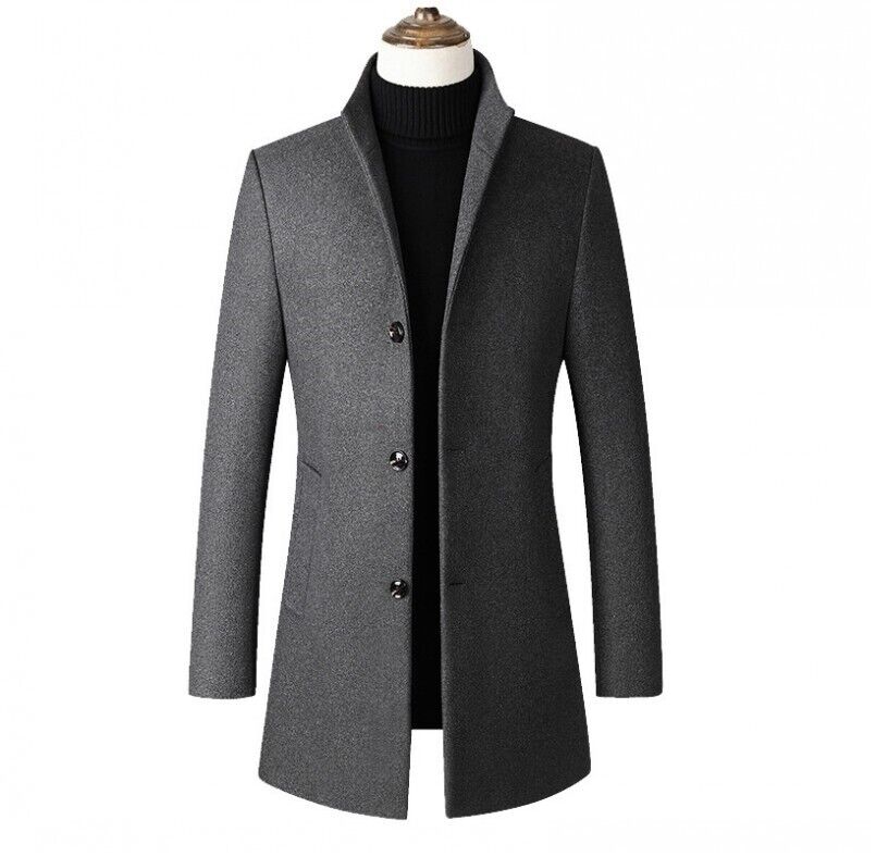 Mens Stand collar Trench Coat Wool Blend Jacket Single Breasted Outwear  Casual