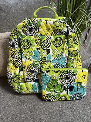 Vera Bradley Backpack In Limes Up Pattern W/ Zippered Pouch