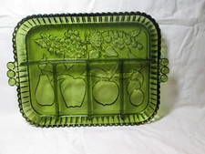 Vintage Indiana Glass Green Divided 5 Part Relish/ Serving Dish w/ Fruit Design