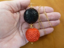 J13-25 Black Red CINNABAR carved wood lacquer bead jewelry 24" Pendant necklace