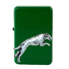D19 Greyhound Pewter design on a GREEN flip top petrol lighter windproof
