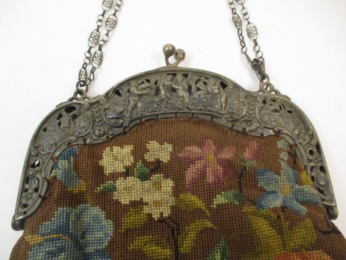 Antique German 800 Silver Frame Embroidered Fabric Purse Ornate Flowers - Picture 3 of 16
