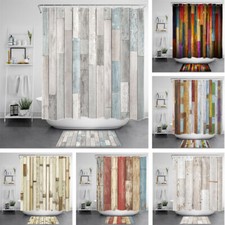 Rustic Wood Board Pattern Vintage Shower Curtain Sets Bathroom Decor w/ Hooks