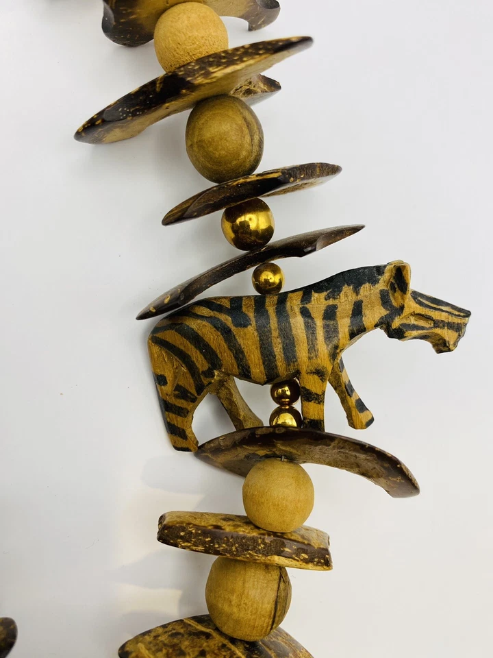 非洲木材手工雕刻动物野生动物园项链长颈鹿斑马犀牛悬挂 16 英寸 — 第 4/4 张图片